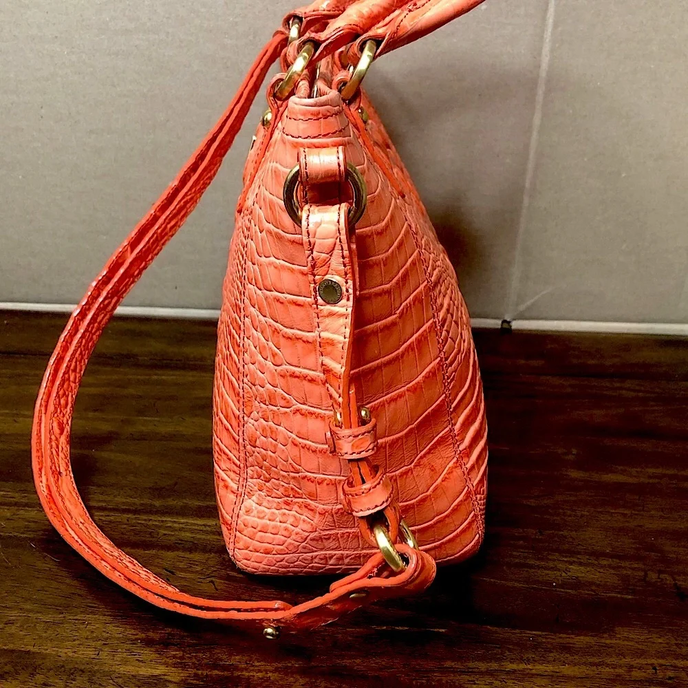 BRAHMIN Croc Embossed Leather Rolled Top Handle Tangerine Satchel Shoulder Bag